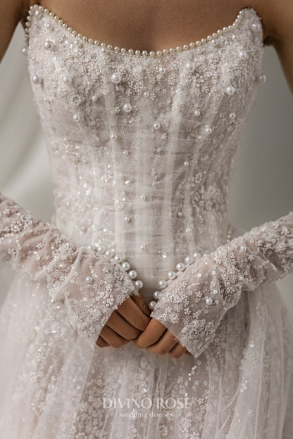 Princess A-line wedding dress with chapel train and removable sleeves