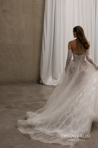Princess A-line wedding dress with chapel train and removable sleeves