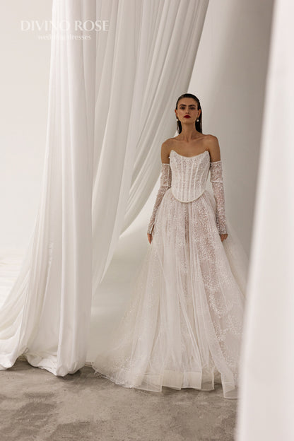 Princess A-line wedding dress with chapel train and removable sleeves