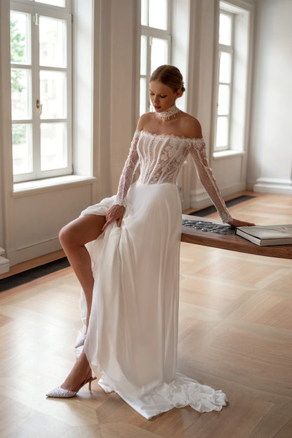 Off the shoulder chiffon A-line wedding dress 