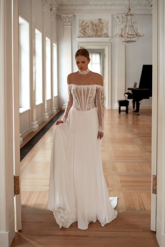 Romantic Off the shoulder Long sleeve Lace choker A-line Chiffon Sweep train Wedding dress