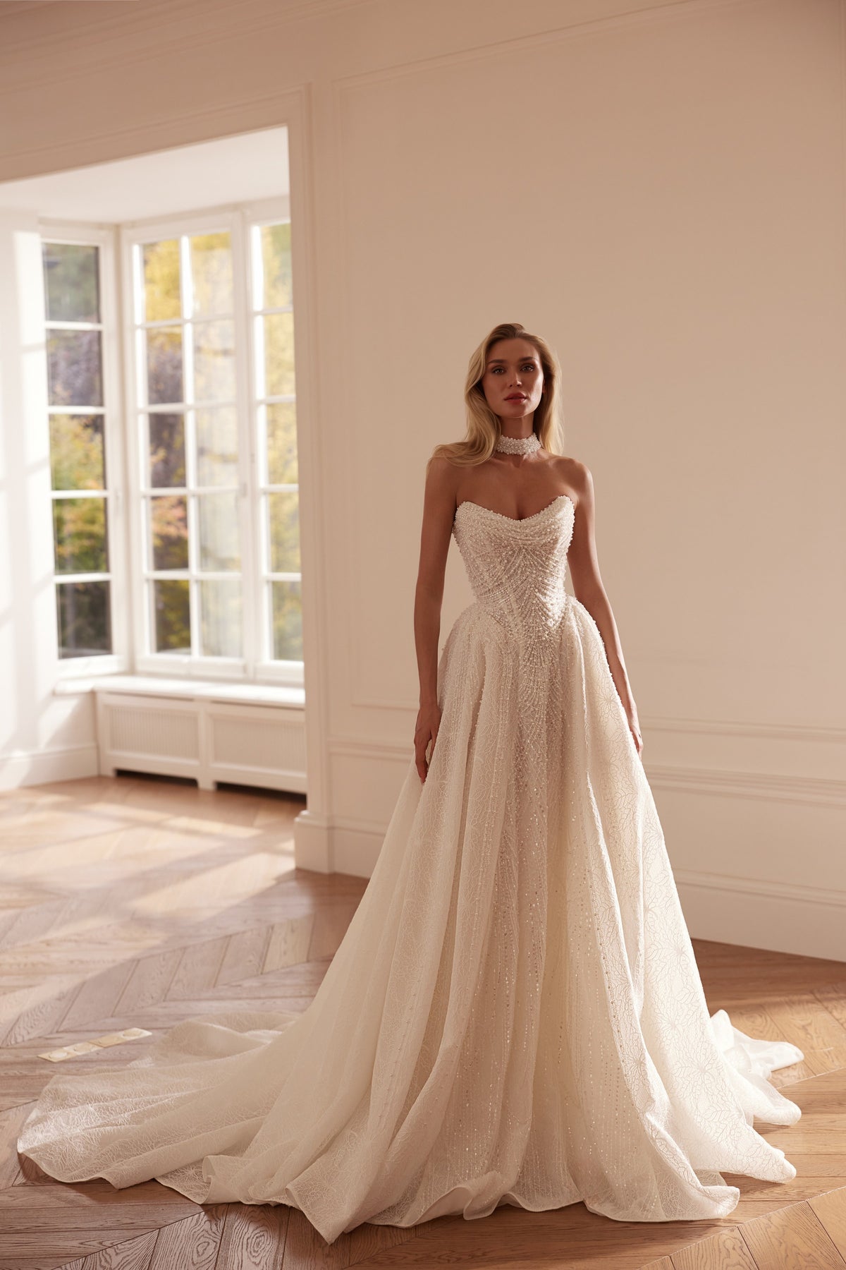 A-line wedding dress with beaded corset bodice - detail