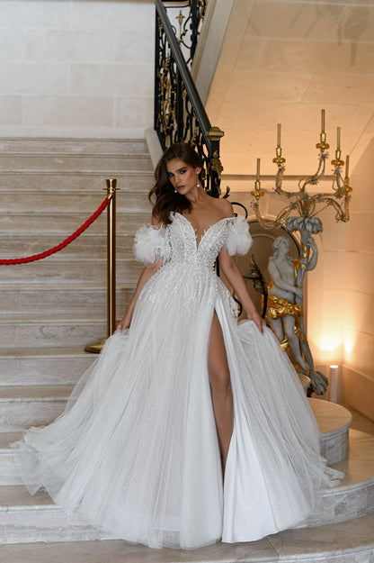 A-line wedding dress with deep V neck & glitter tulle skirt
