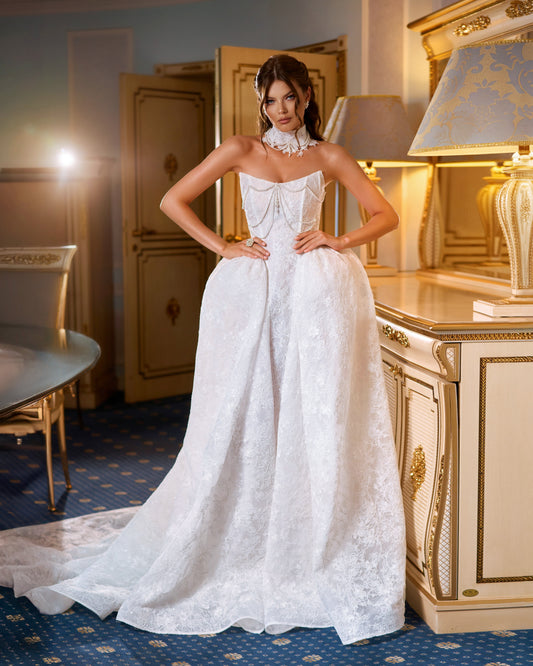 Princess A-Line Lace & Sequin Wedding Dress with Boat Neckline, Corset, and Chapel Train