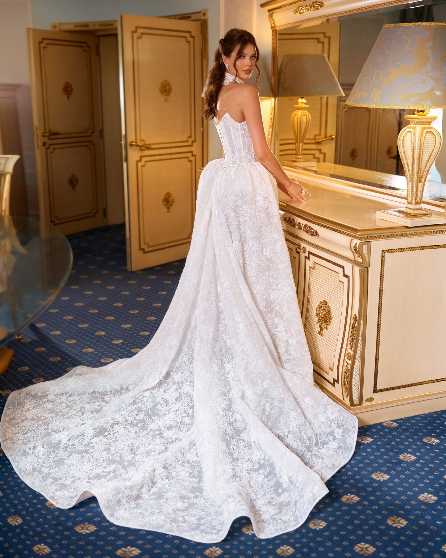 Princess A-Line Lace & Sequin Wedding Dress with Boat Neckline, Corset, and Chapel Train