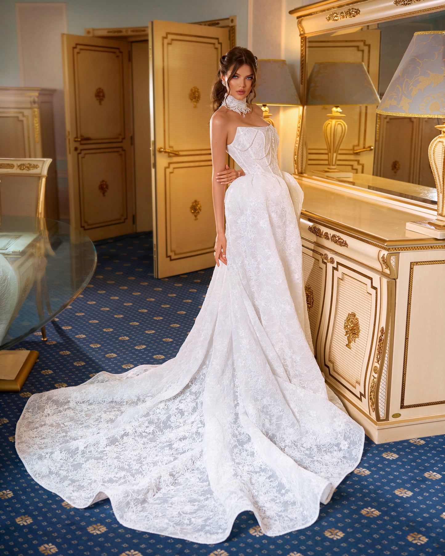 Princess A-Line Lace & Sequin Wedding Dress with Boat Neckline, Corset, and Chapel Train