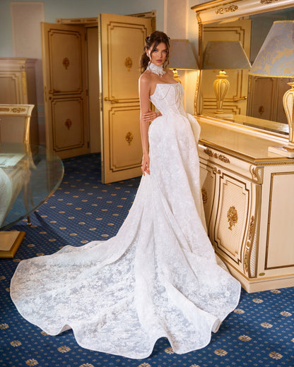 Princess A-Line Lace & Sequin Wedding Dress with Boat Neckline, Corset, and Chapel Train