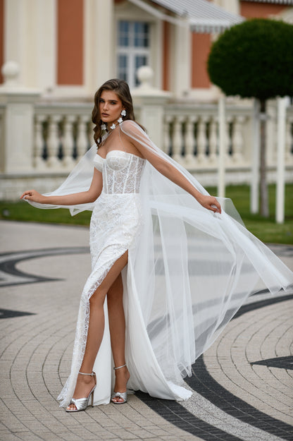 Sheath lace wedding dress with corset, sweetheart neckline.
