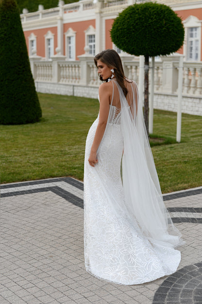 Sheath lace wedding dress with corset, sweetheart neckline.