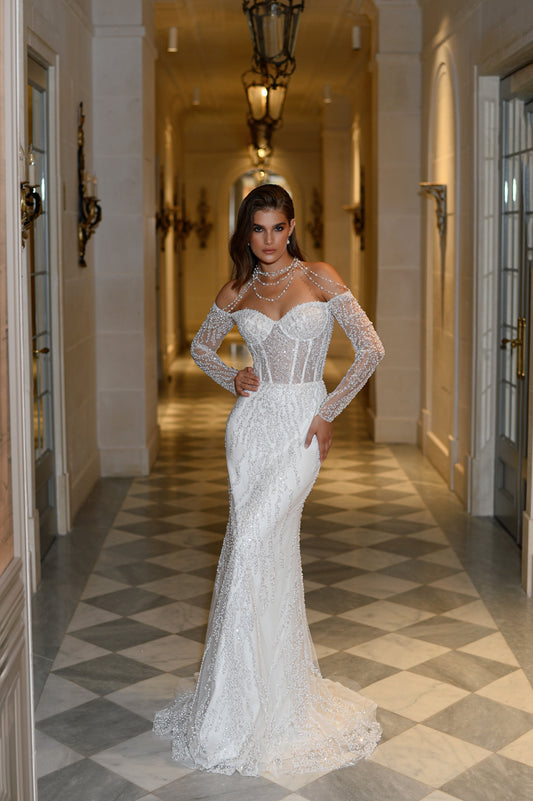 Mermaid Fitted Trumpet  Off the shoulder long illusion sleeve Sweetheart neckline Open back Zip closure Sweep train Sequin lace Wedding dress