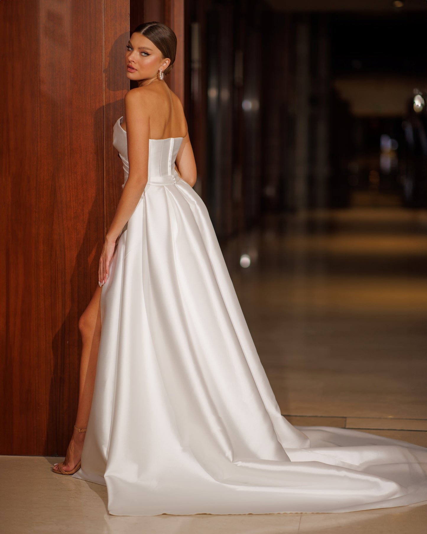 Classic Plain Sleeveless Strapless Draped V-neckline Slit skirt A-line Mikado Wedding Dress