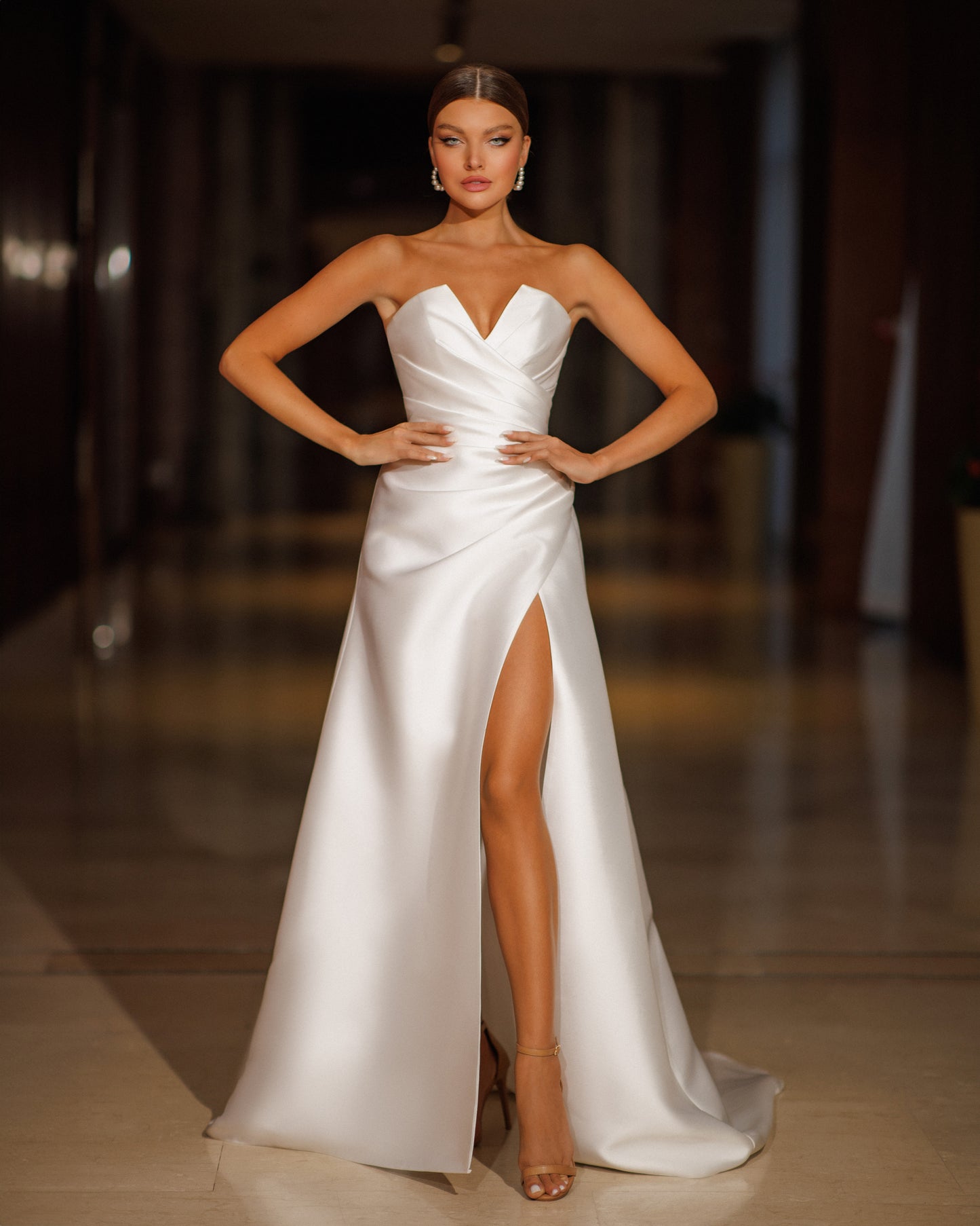 Classic Plain Sleeveless Strapless Draped V-neckline Slit skirt A-line Mikado Wedding Dress