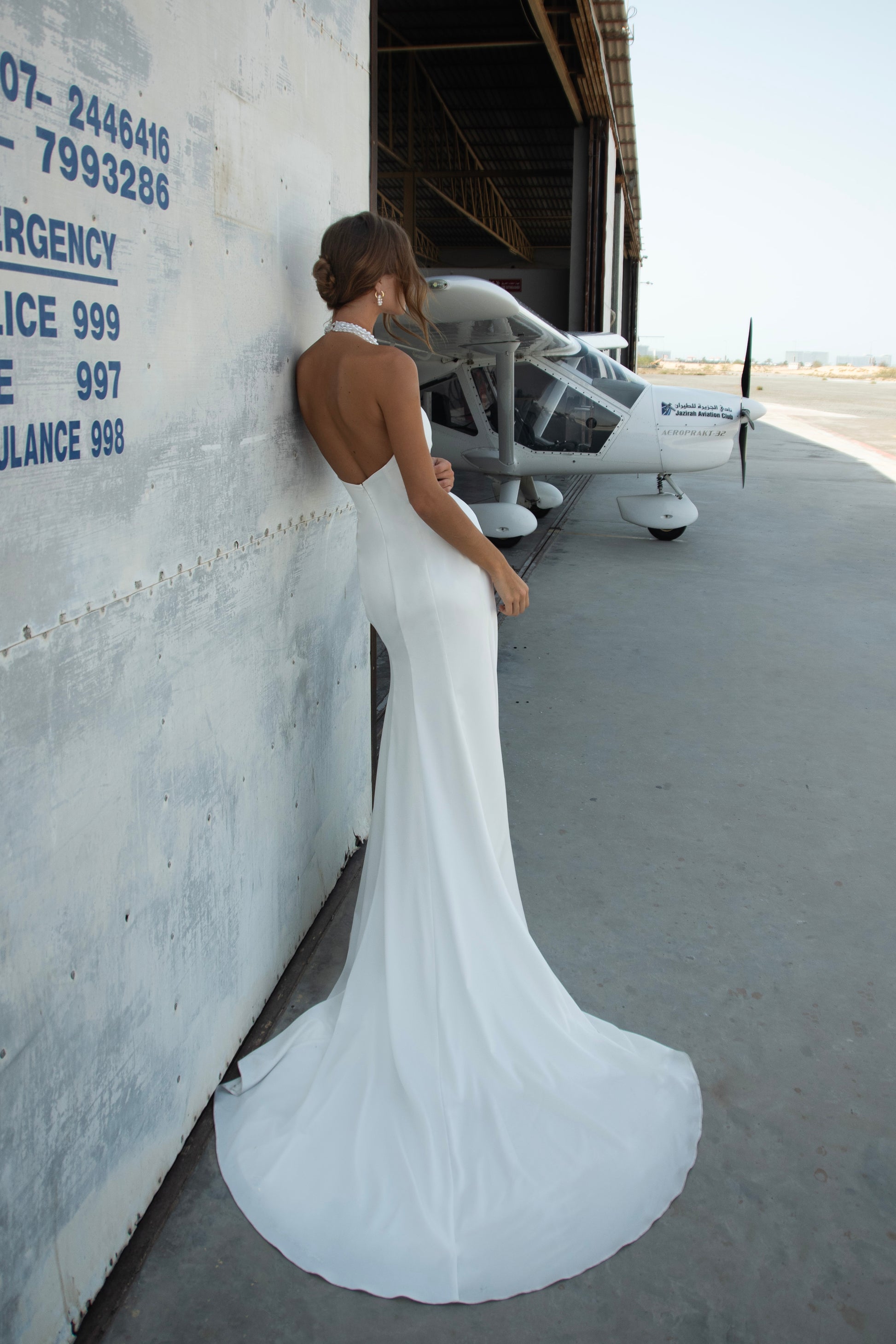 Satin Halter Wedding Dress with Open Back and High Slit 4