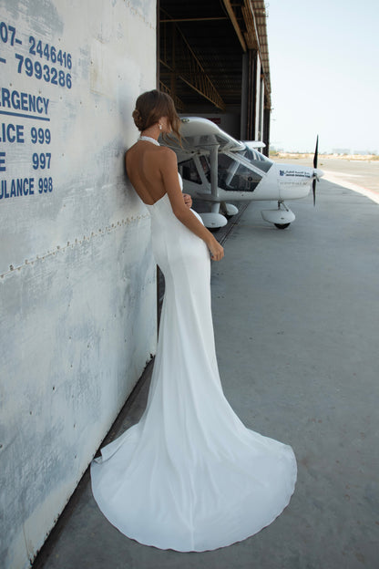 Satin Halter Wedding Dress with Open Back and High Slit