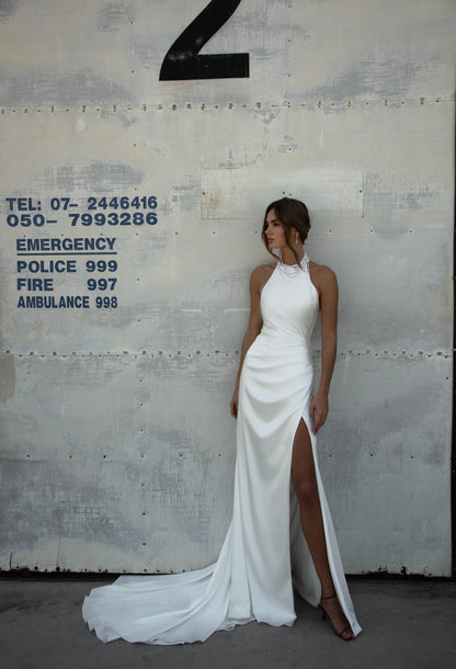Satin Halter Wedding Dress with Open Back and High Slit
