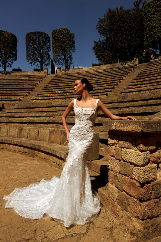 Mermaid Lace Wedding Dress with Pearl Fringe Bodice & Fishtail Train
