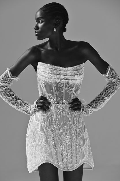 Strapless lace mini wedding dress – black and white close-up of the lace bodice and gloves