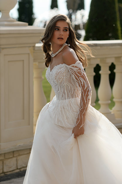 Princess wedding dress with off-shoulder and sweetheart neck