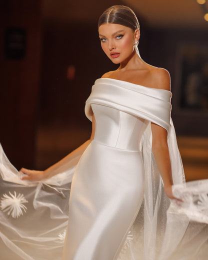 Mikado wedding dress with off-the-shoulder neckline