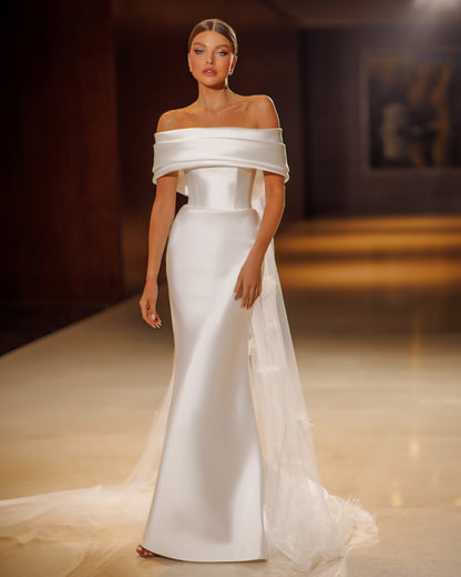 Mikado wedding dress with off-the-shoulder neckline