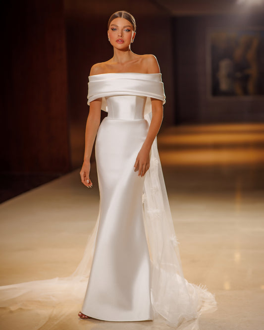 Classic Sheath Column Draped straight off the shoulder neckline Removable Tulle Watteau train Plain Mikado Wedding dress