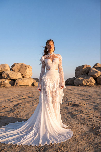 A-Line Lace Wedding Dress with Lace Cuffs and Chiffon Side Inserts