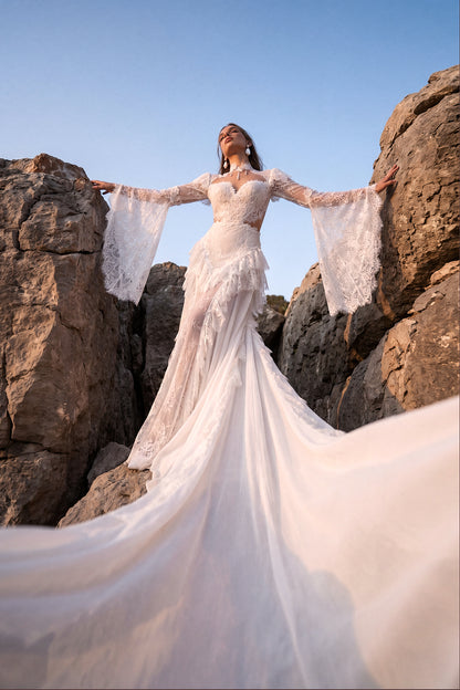 A-Line Lace Wedding Dress with Lace Cuffs and Chiffon Side Inserts