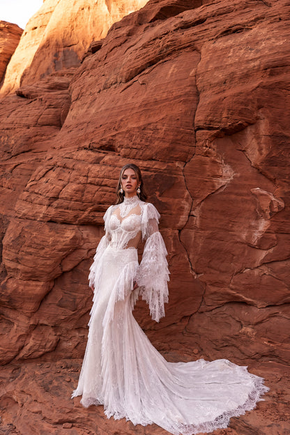 Fit-and-Flare Sequin Lace Wedding Dress with Slit and Lace Ruffles