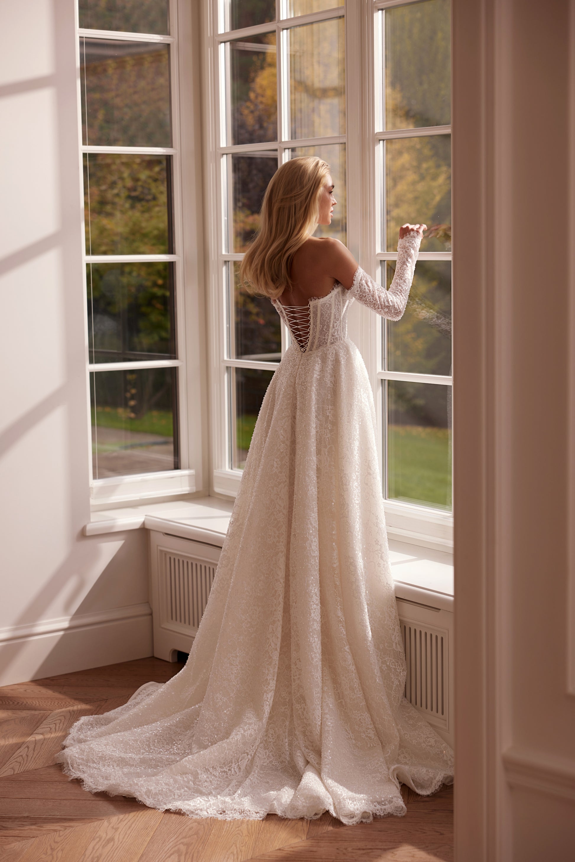 off shoulder a line wedding dress with slit beaded lace