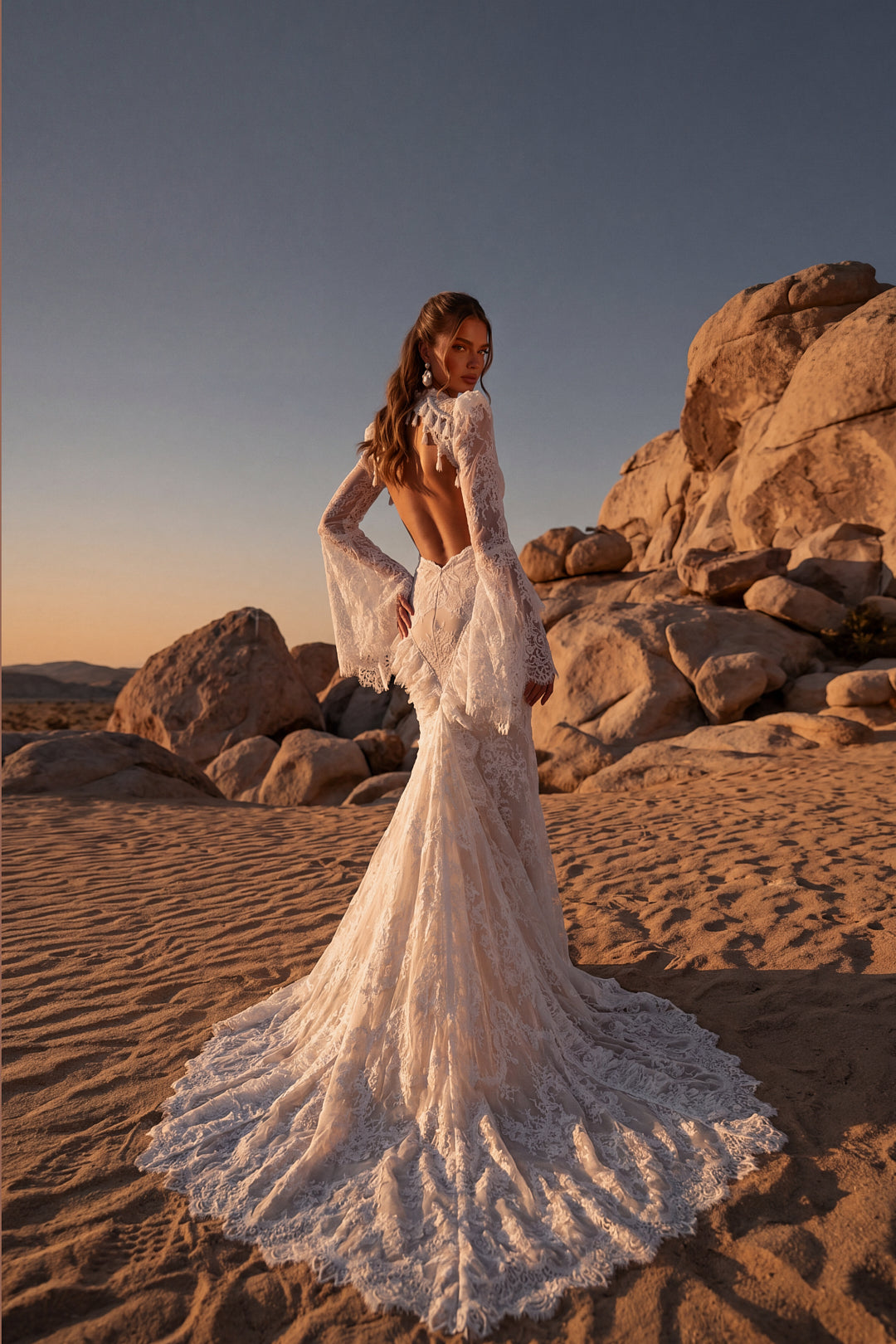 Fit-and-Flare Lace Wedding Dress with Beaded Tassels and Flared Sleeves