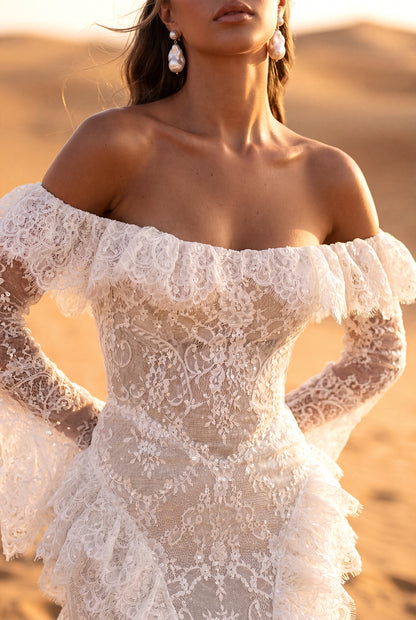 Fit-and-Flare Lace Corset Wedding Dress with Lace-Up Back and Lace Frills