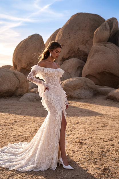Fit-and-Flare Lace Corset Wedding Dress with Lace-Up Back and Lace Frills