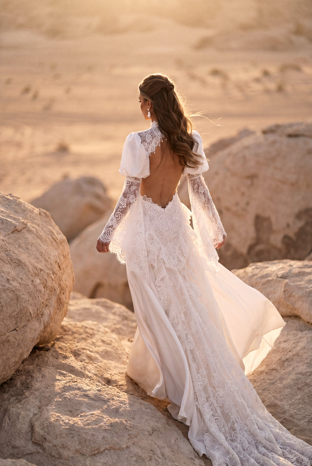 A-Line Lace Wedding Dress with Taffeta Puff Sleeves and Lace Frills