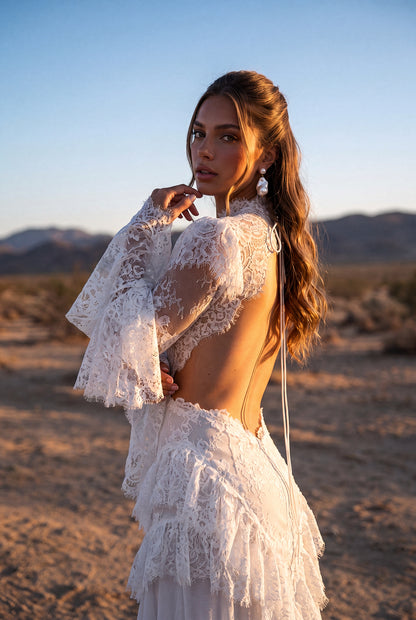 A-Line Lace Wedding Dress with Lace Cuffs and Chiffon Side Inserts