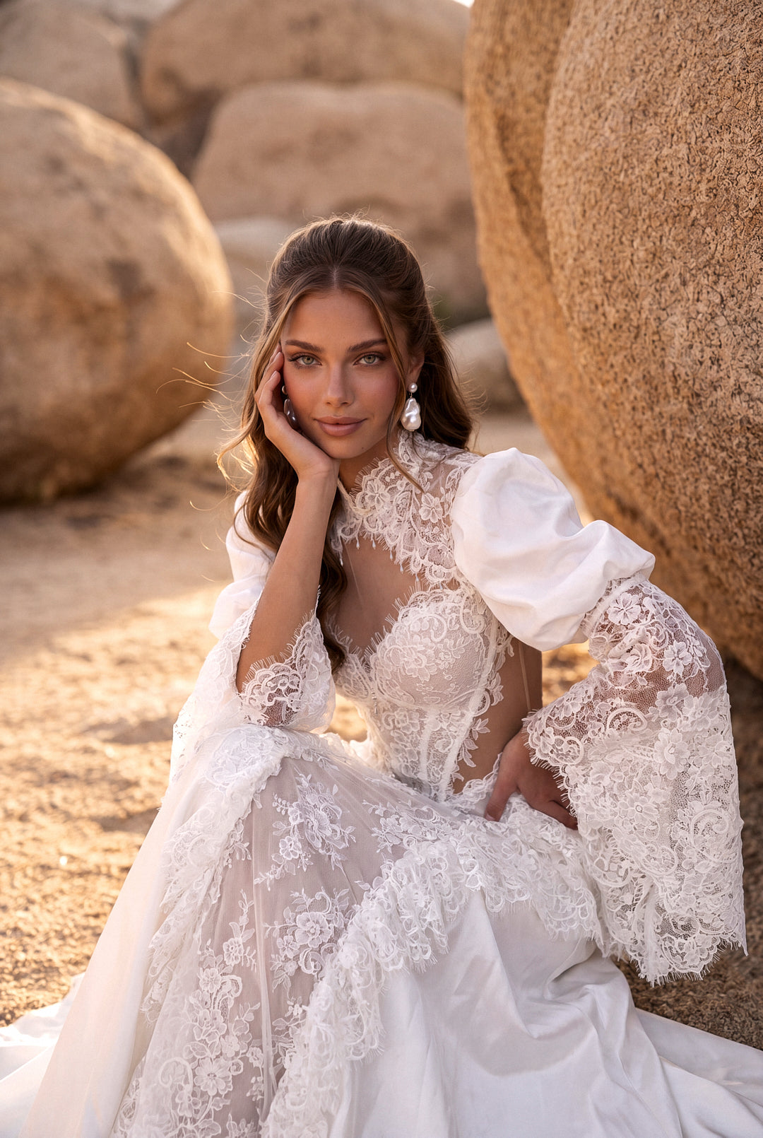 A-Line Lace Wedding Dress with Taffeta Puff Sleeves and Lace Frills