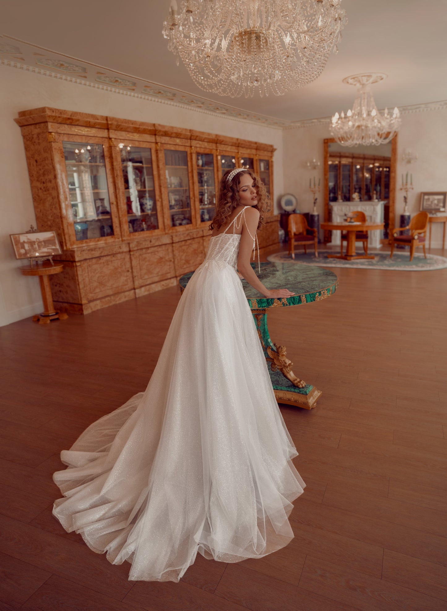 glitter tulle a-line wedding dress with beaded corset and pearl straps