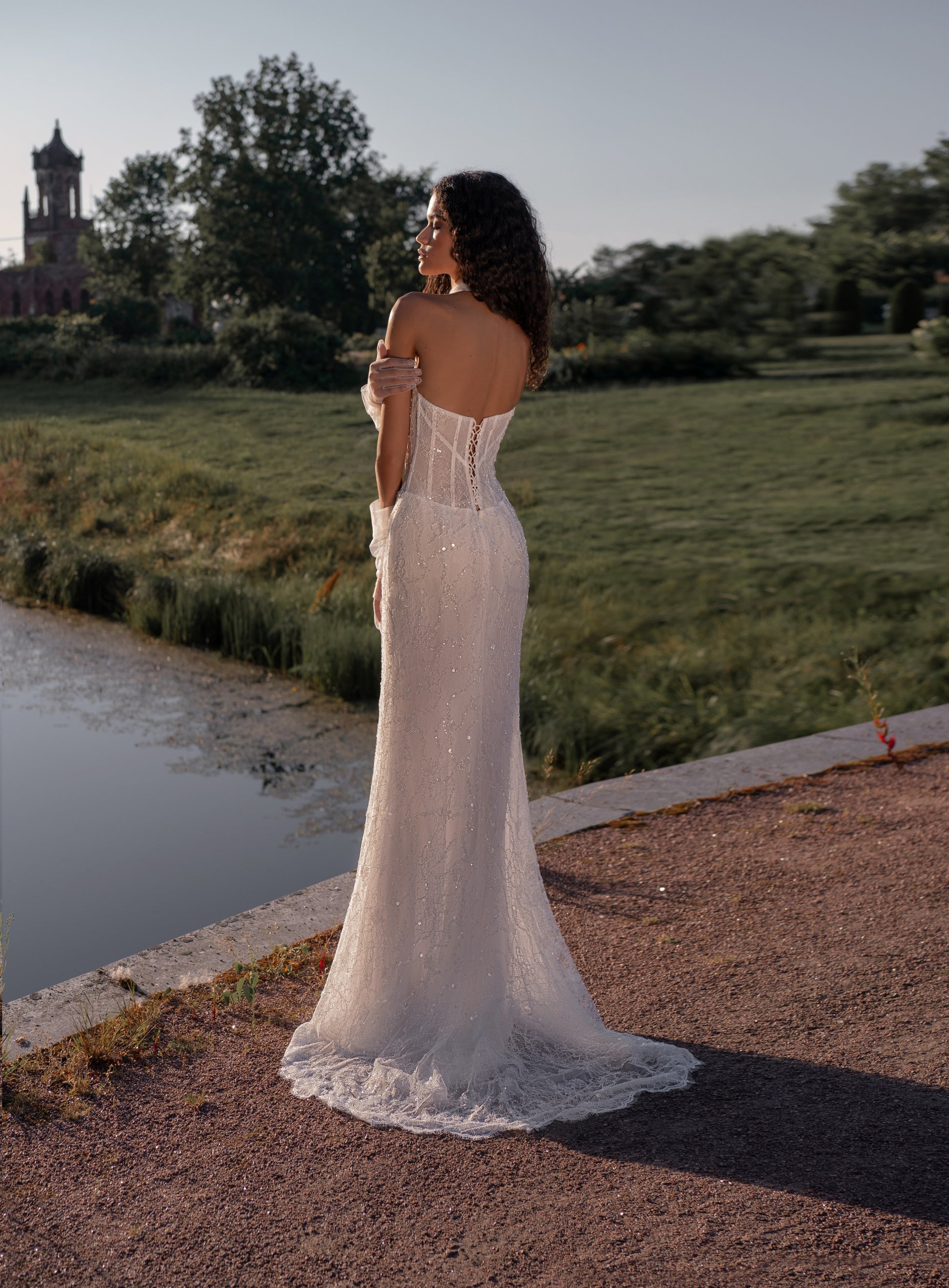 beaded halter lace mermaid wedding dress with corset bodice and detachable sheer cape