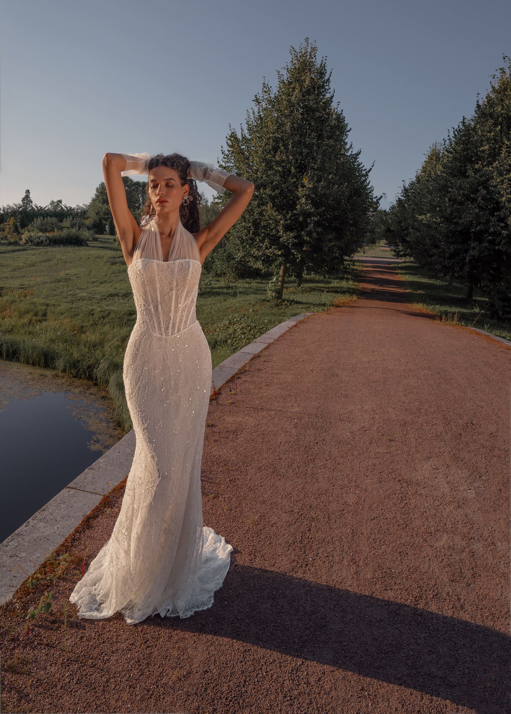 beaded halter lace mermaid wedding dress with corset bodice and detachable sheer cape