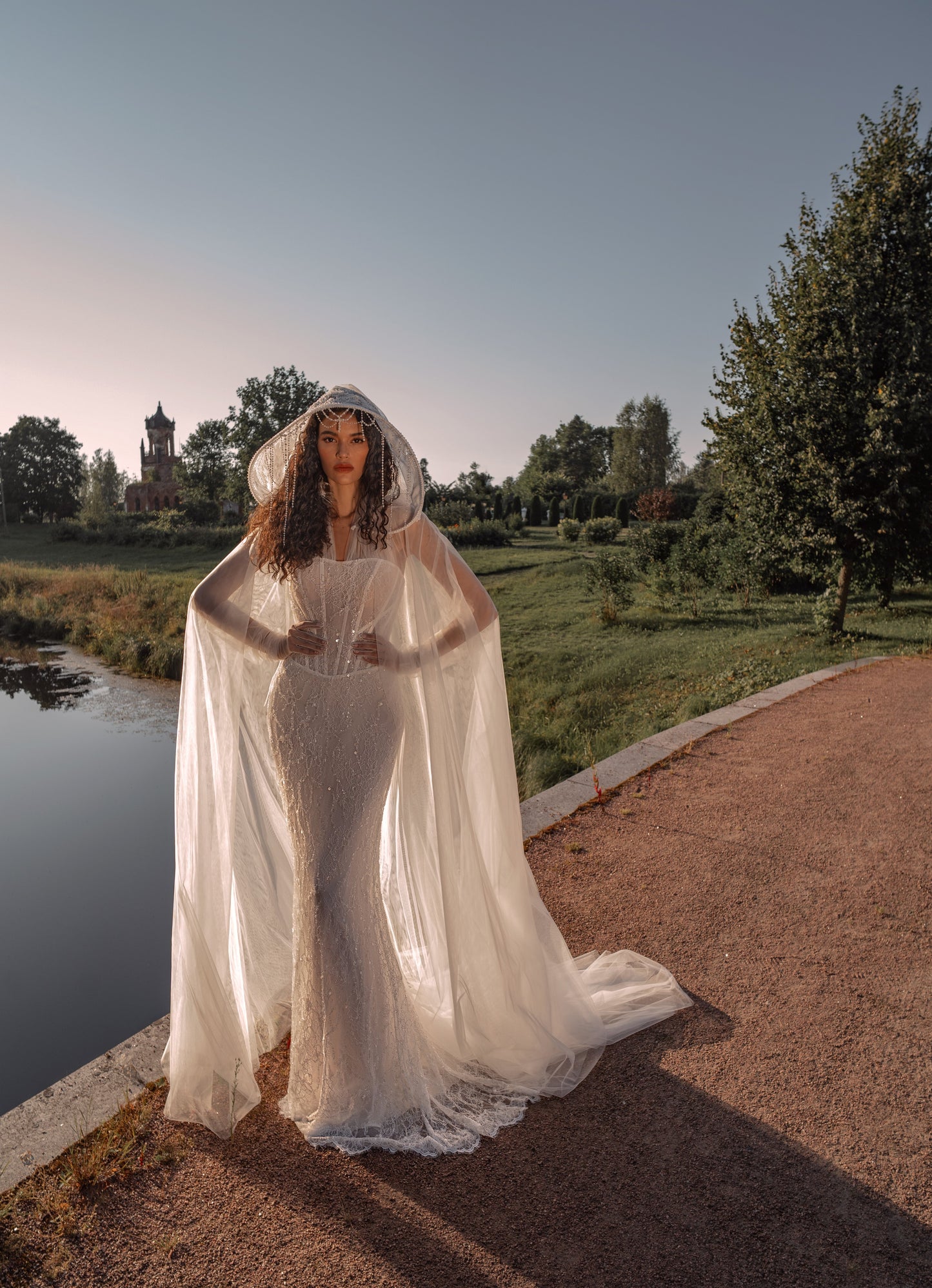 beaded halter lace mermaid wedding dress with corset bodice and detachable sheer cape