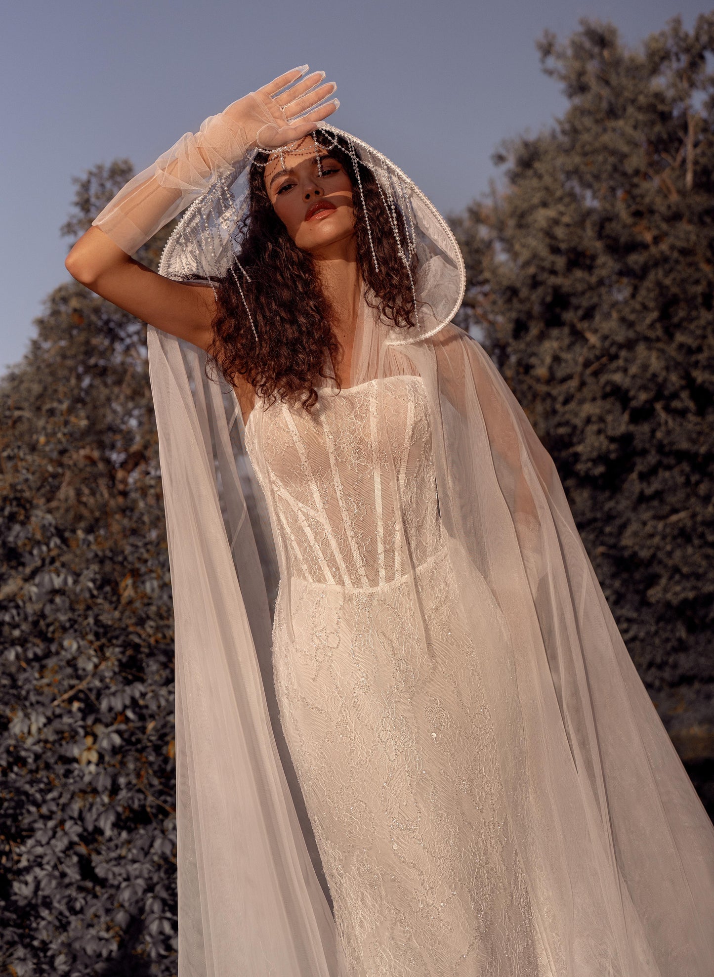 beaded halter lace mermaid wedding dress with corset bodice and detachable sheer cape