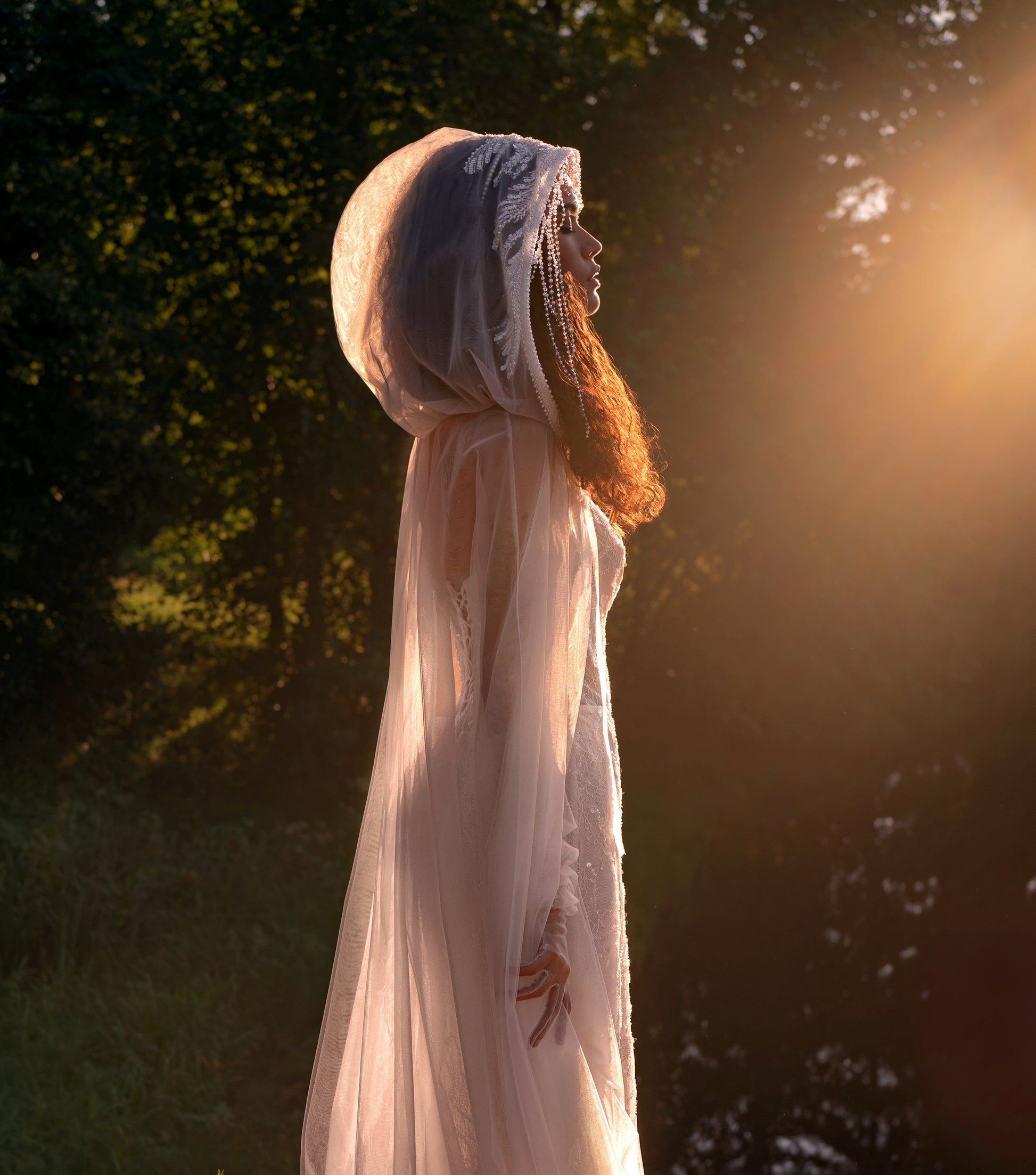 beaded halter lace mermaid wedding dress with corset bodice and detachable sheer cape