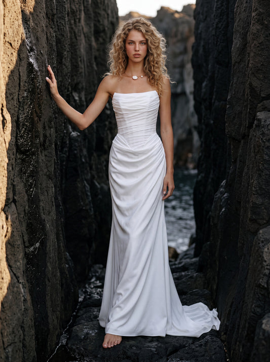 Crepe Georgette Wedding Dress with Draped Strapless Bodice — Illusion 2027, photograph 1