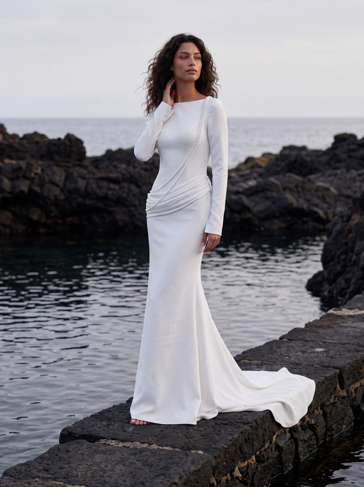 Crepe Wedding Dress with High Neck and Long Sleeves — Illusion 2027, photograph 1