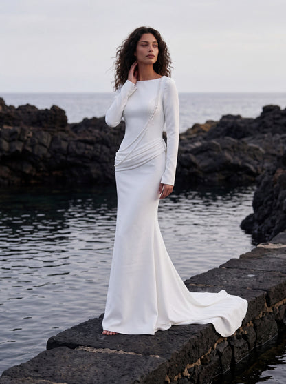 Crepe Wedding Dress with High Neck and Long Sleeves — Illusion 2027, photograph 1