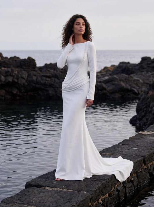 Crepe Wedding Dress with High Neck and Long Sleeves — Illusion 2027, photograph 1