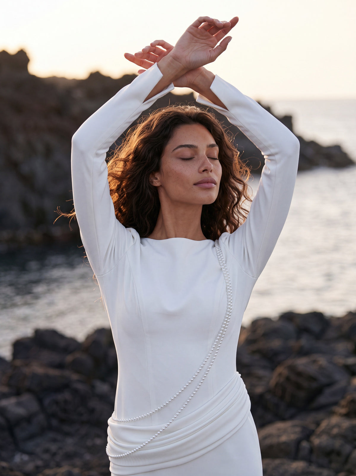 Crepe Wedding Dress with High Neck and Long Sleeves — Illusion 2027, photograph 2