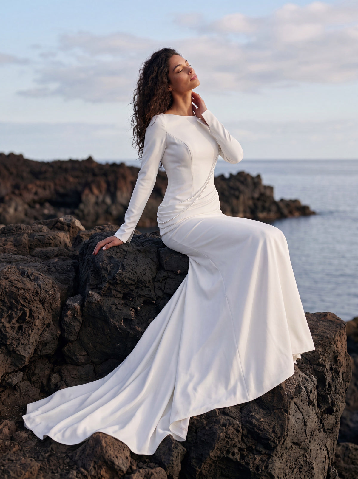 Crepe Wedding Dress with High Neck and Long Sleeves — Illusion 2027, photograph 5