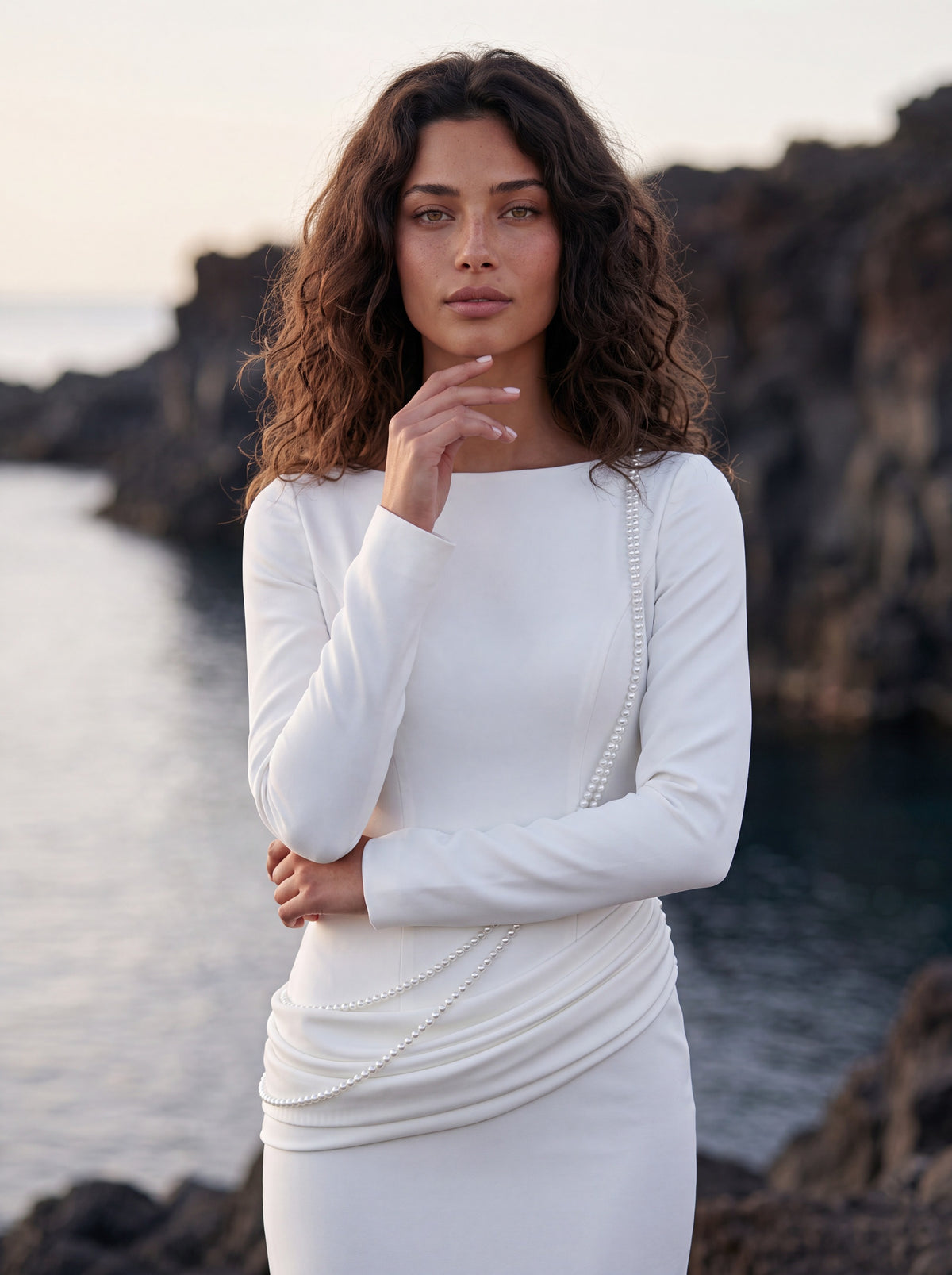 Crepe Wedding Dress with High Neck and Long Sleeves — Illusion 2027, photograph 6
