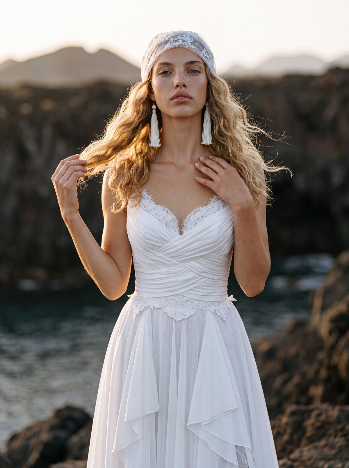 Lace and Crepe Georgette A-Line Wedding Dress with Slit — Illusion 2027, photograph 2