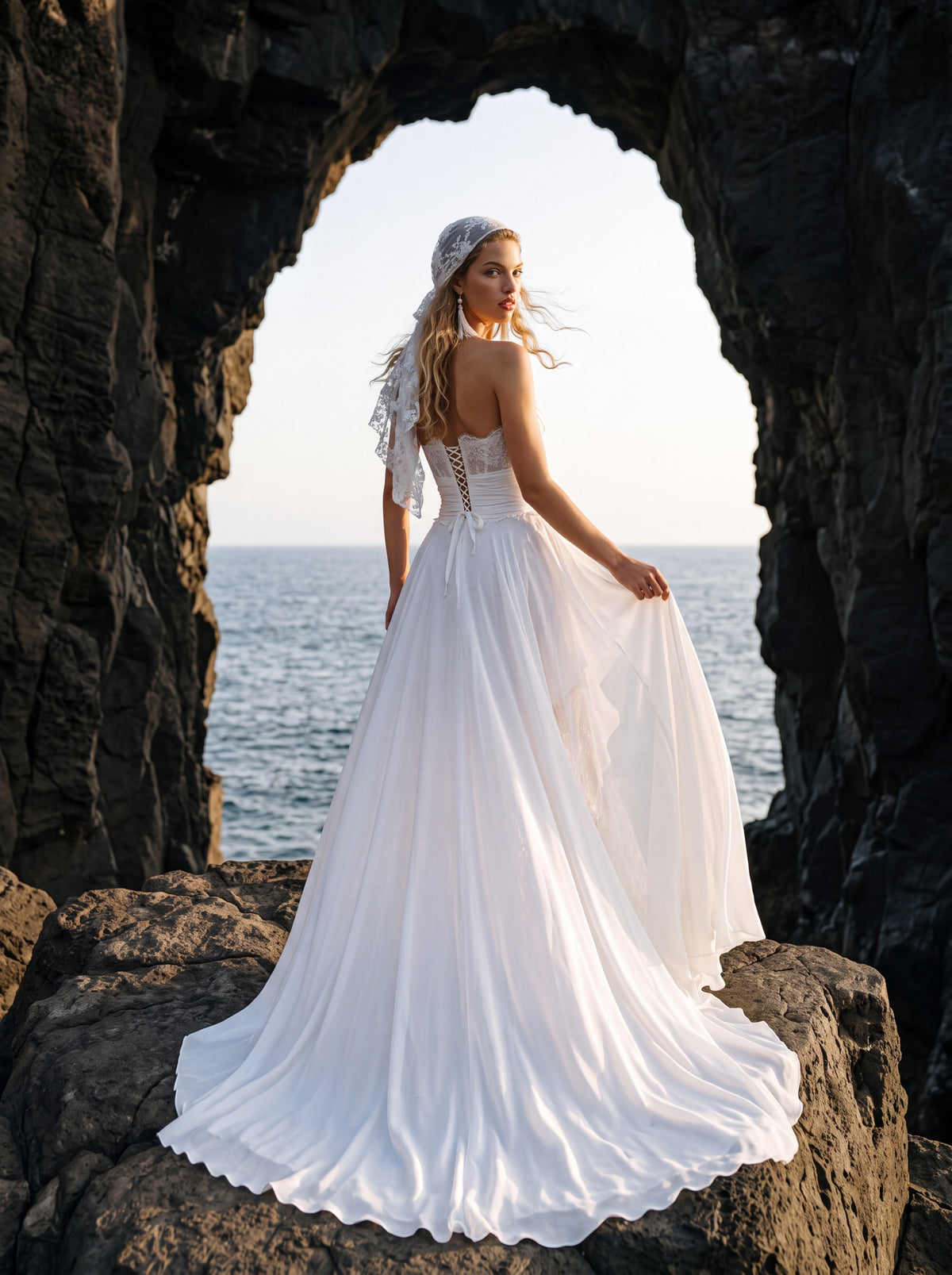 Lace and Crepe Georgette A-Line Wedding Dress with Slit — Illusion 2027, photograph 3